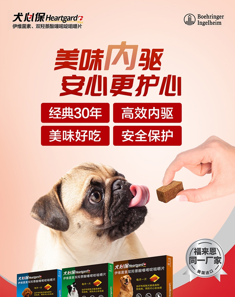 犬心保 犬用体内驱虫 口服 适用23kg-45kg大型犬 6粒整盒/6个月剂量 美国进口