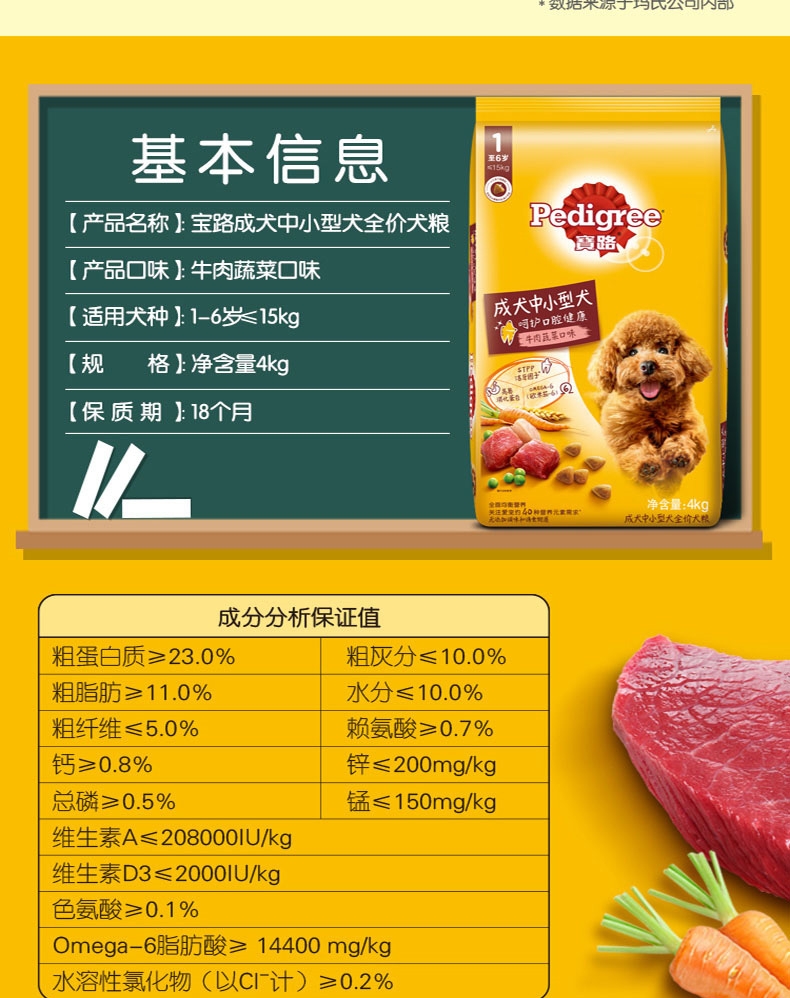 宝路Pedigree 牛肉蔬菜口味中小型犬成犬粮 4kg