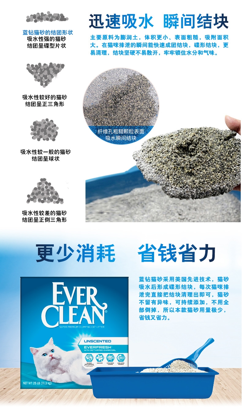 美国蓝钻Ever Clean 双重活性炭低过敏粗砂猫砂 25磅(11.3kg)原装进口