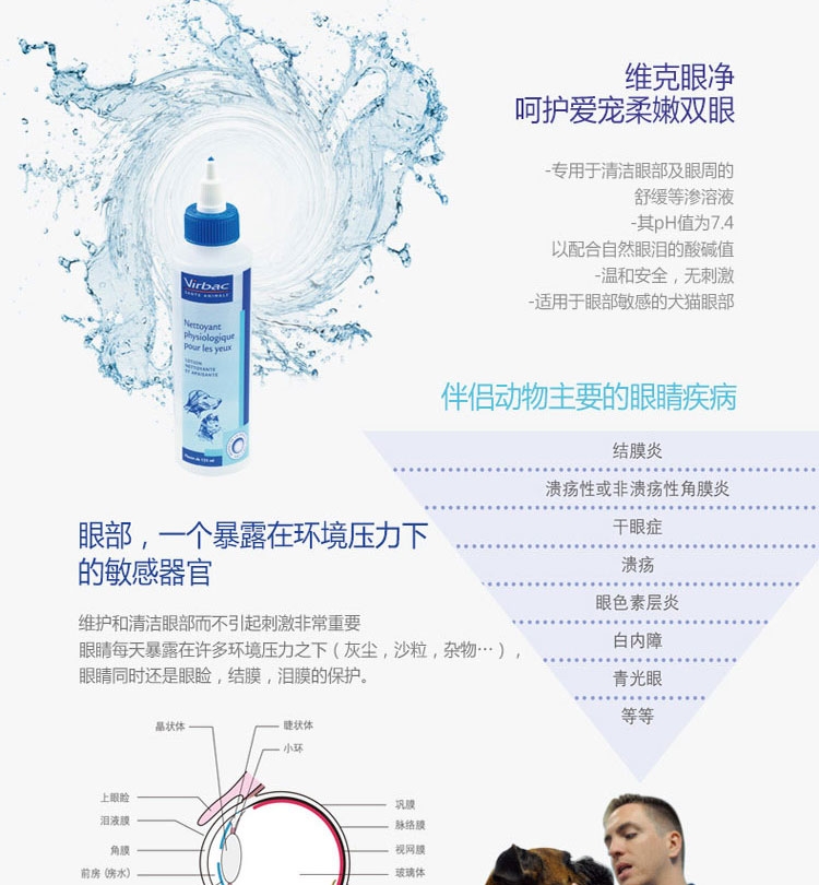 法国维克Virbac 眼净洗眼水125ml 舒缓滋润猫狗眼睛去泪痕