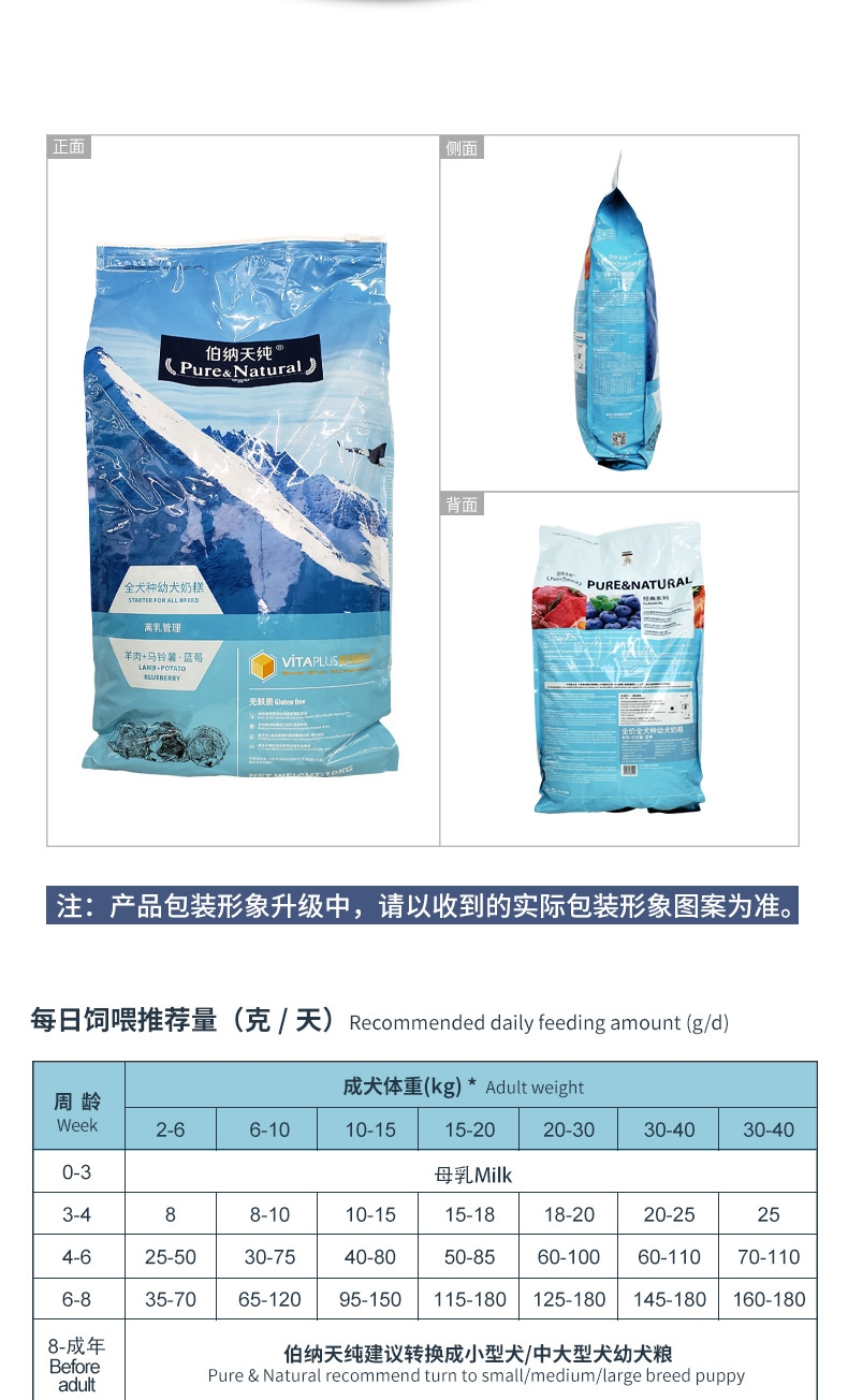 伯纳天纯 羊肉马铃薯蓝莓无谷全犬种幼犬奶糕粮 10kg
