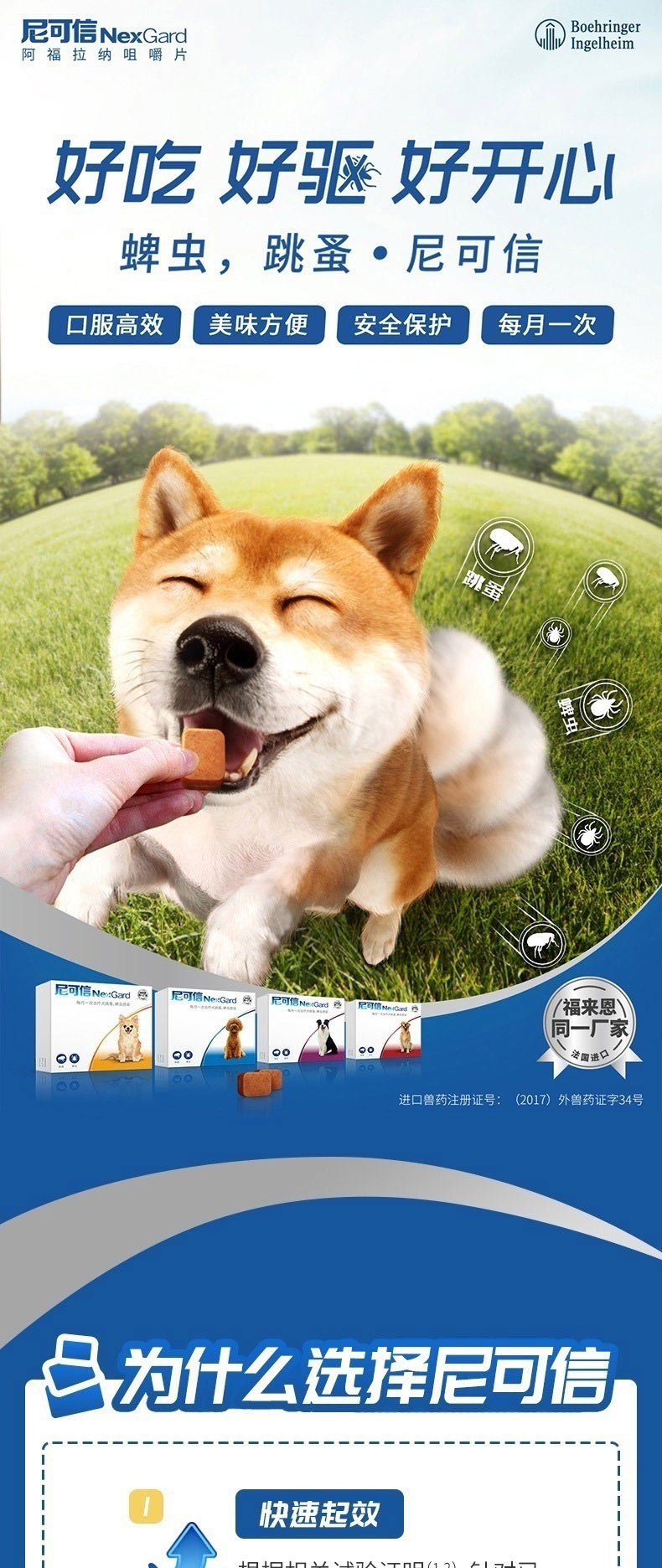 尼可信 中型犬抗寄生虫口服体外驱虫药 3片/盒 4-10KG犬用 法国进口