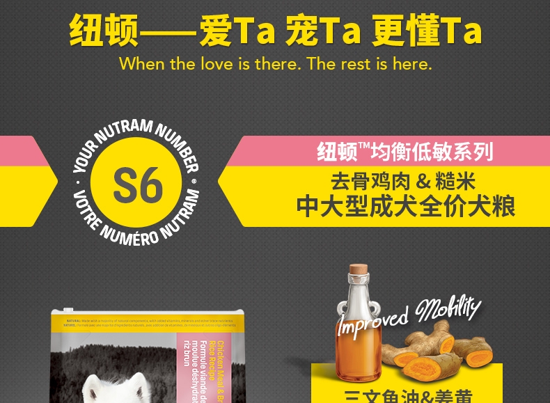 加拿大纽顿nutram 低敏系列中大型成犬粮去骨鸡肉糙米狗粮11.4kg S6原装进口粮