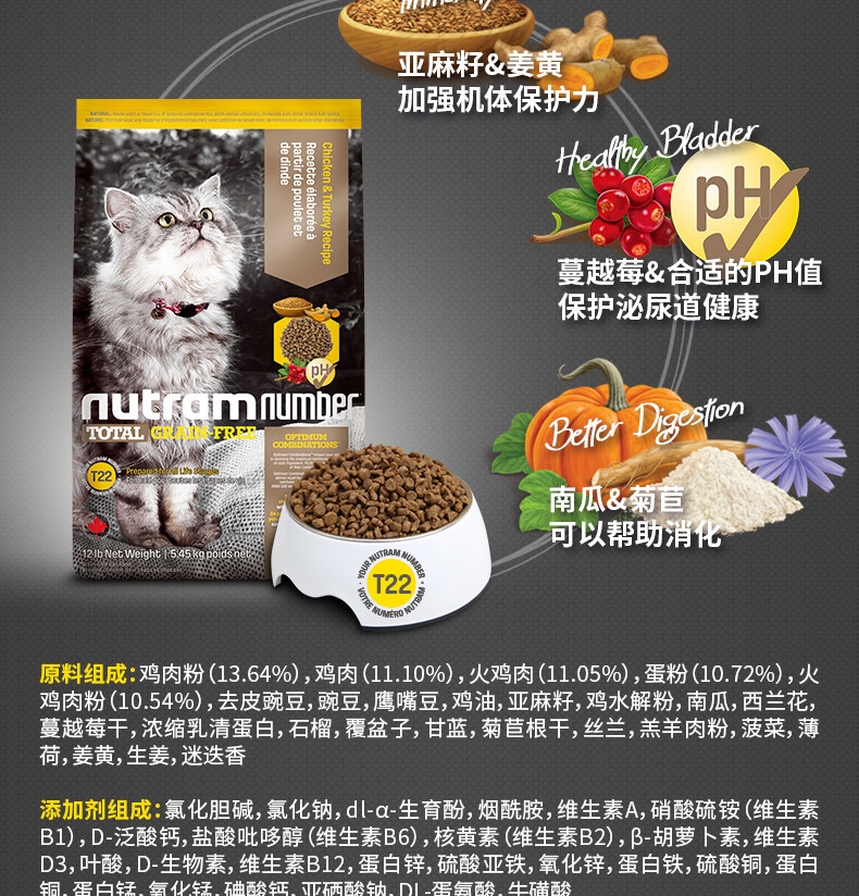 纽顿Nutram T22无谷鸡肉火鸡肉全期猫粮 5.45kg 加拿大进口