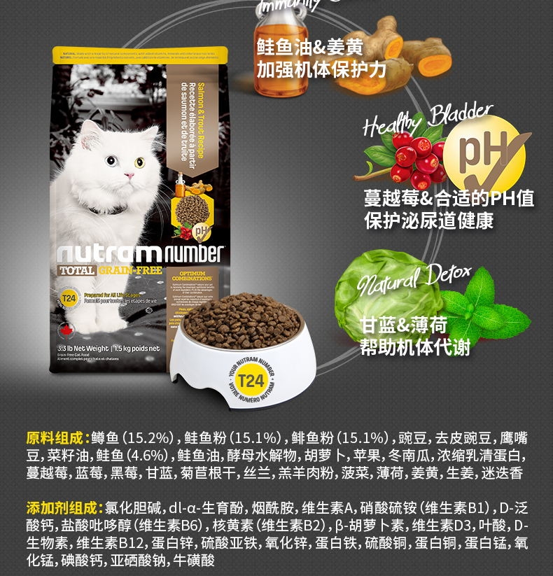 纽顿Nutram T24无谷鲑鱼鳟鱼配方全期猫粮 1.5kg 加拿大进口