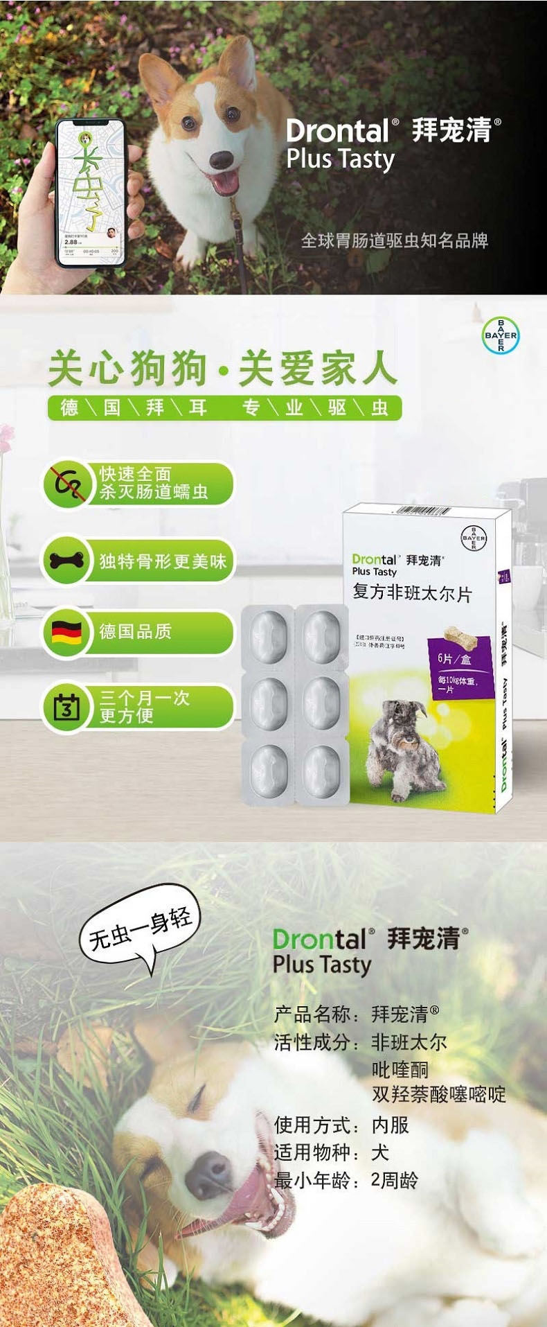 拜宠清 犬用体内驱虫 口服 6片盒装/可三个月喂一次 德国进口