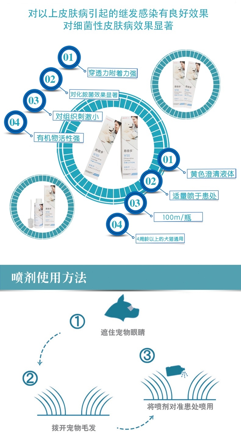 恩倍多 益肤灵W100皮肤病喷雾 100ml 犬猫通用 改善皮肤病