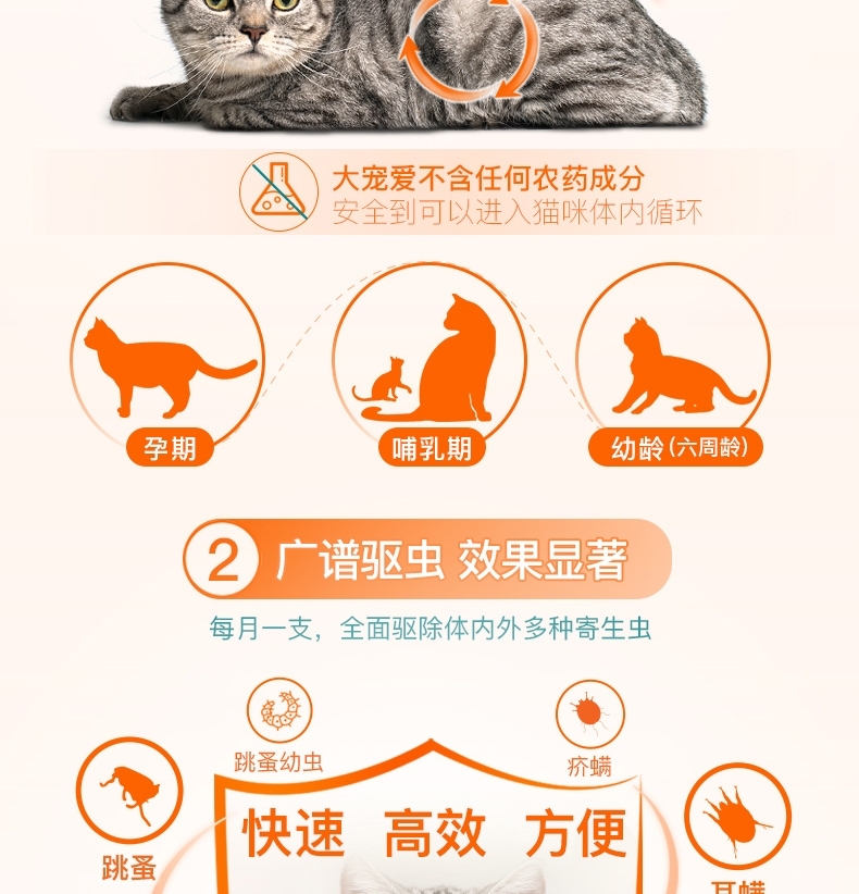 大宠爱 猫用内外同驱 驱虫滴剂 适用2.6-7.5kg 45mg*3支/2盒装 美国进口