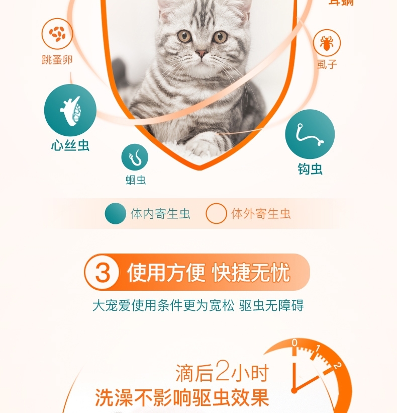 大宠爱 猫用内外同驱 驱虫滴剂 适用2.6-7.5kg 45mg*3支/2盒装 美国进口