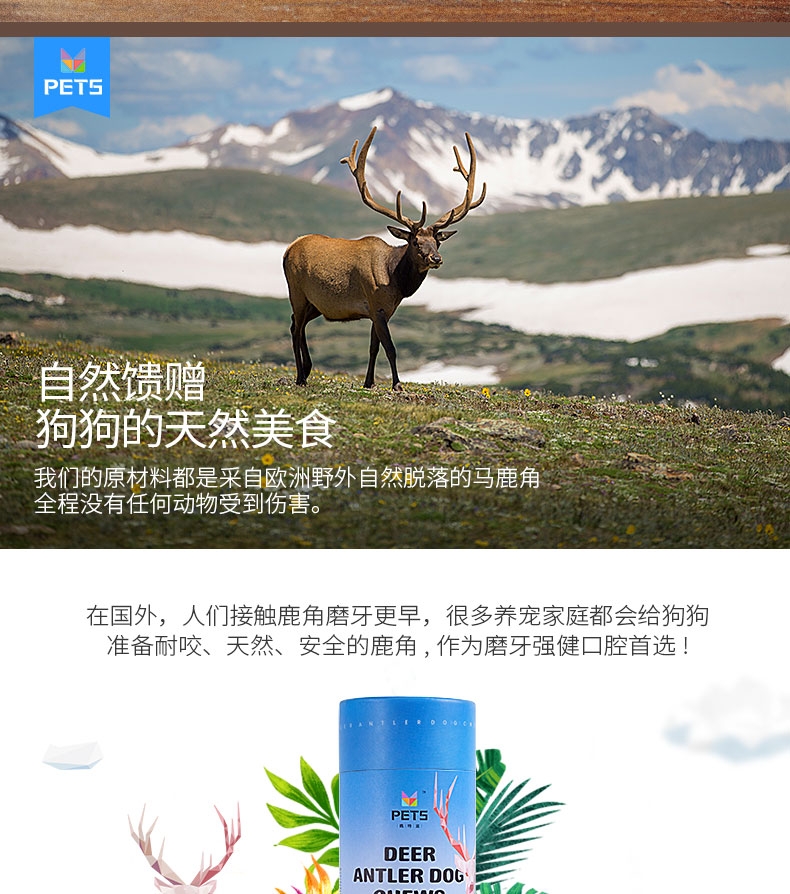 佩特滋 鹿角磨牙骨 中号圆柱 耐咬清洁口腔 犬用