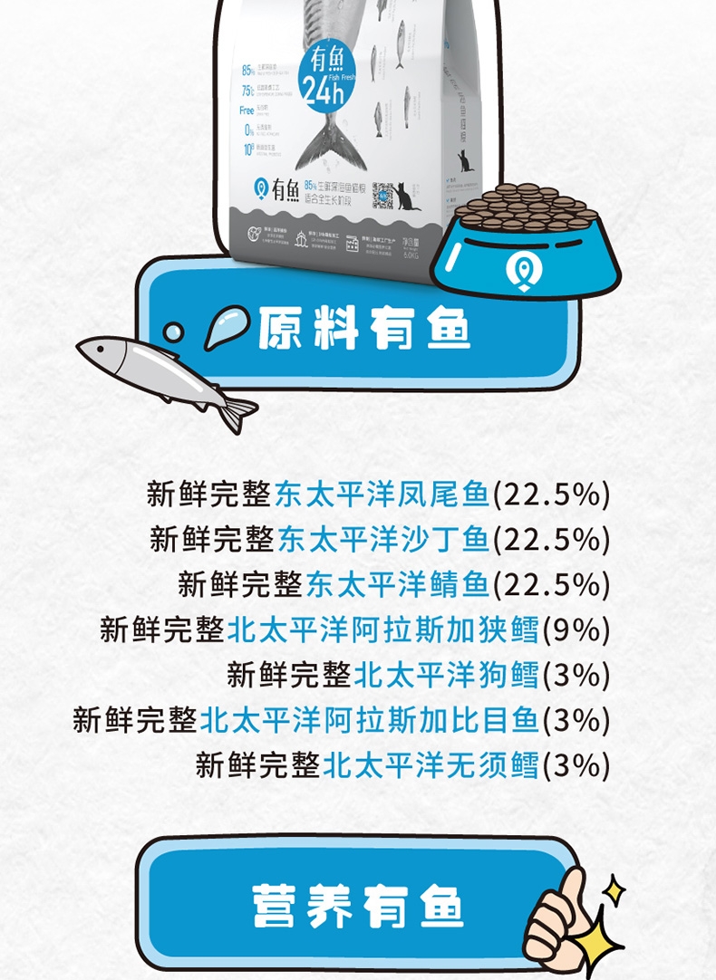 有鱼 无谷生鲜深海鱼猫粮 6kg 85%含肉量 适合全生长阶段