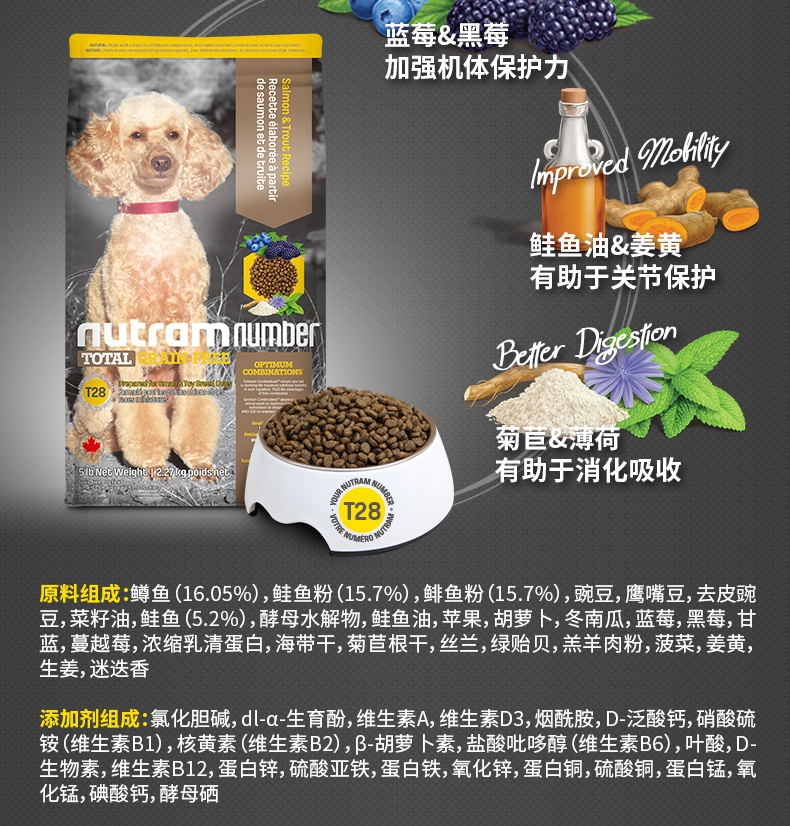纽顿Nutram 小型&玩赏犬鲑鱼鳟鱼配方全犬粮 2.27kg 加拿大进口