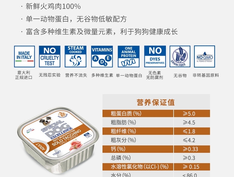 意大利孟爵Monge 单一肉食系列火鸡肉泥 成犬狗罐头150g 100%火鸡肉