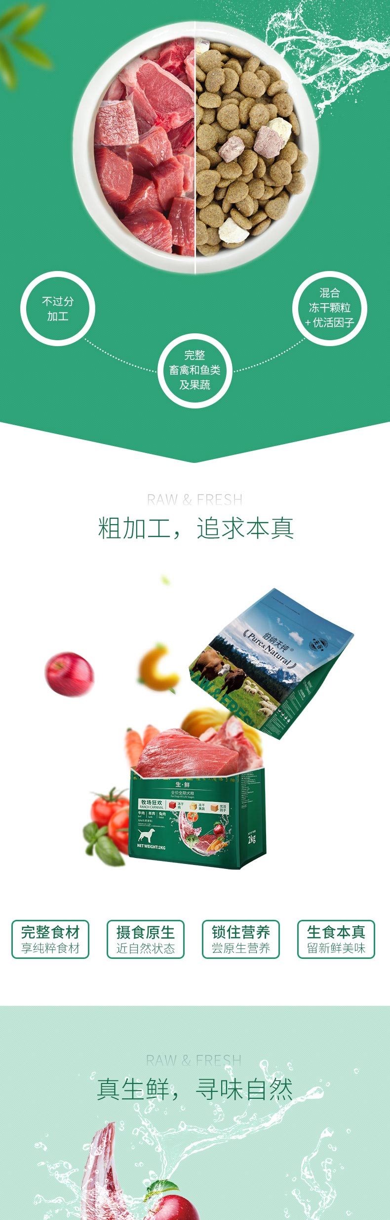 伯纳天纯 无谷冻干牧场狂欢全犬种全期犬粮 2kg 72%含肉量