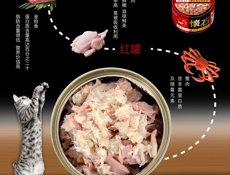 日本日清 怀石金枪鱼鸡脯肉加银鱼猫罐头 80g*6 高蛋白低脂肪