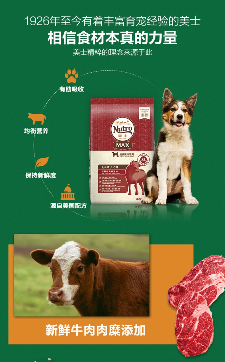 美士 经典配方系列牛肉糜添加全价成犬粮 480g 营养全面