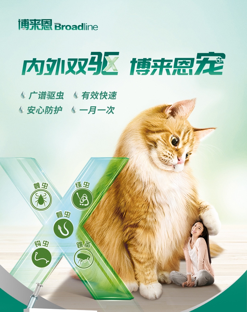 博来恩Broadline 猫用驱虫滴剂 内外同驱 中大型猫(2.5-7.5kg) 3支/3个月剂量 法国进口
