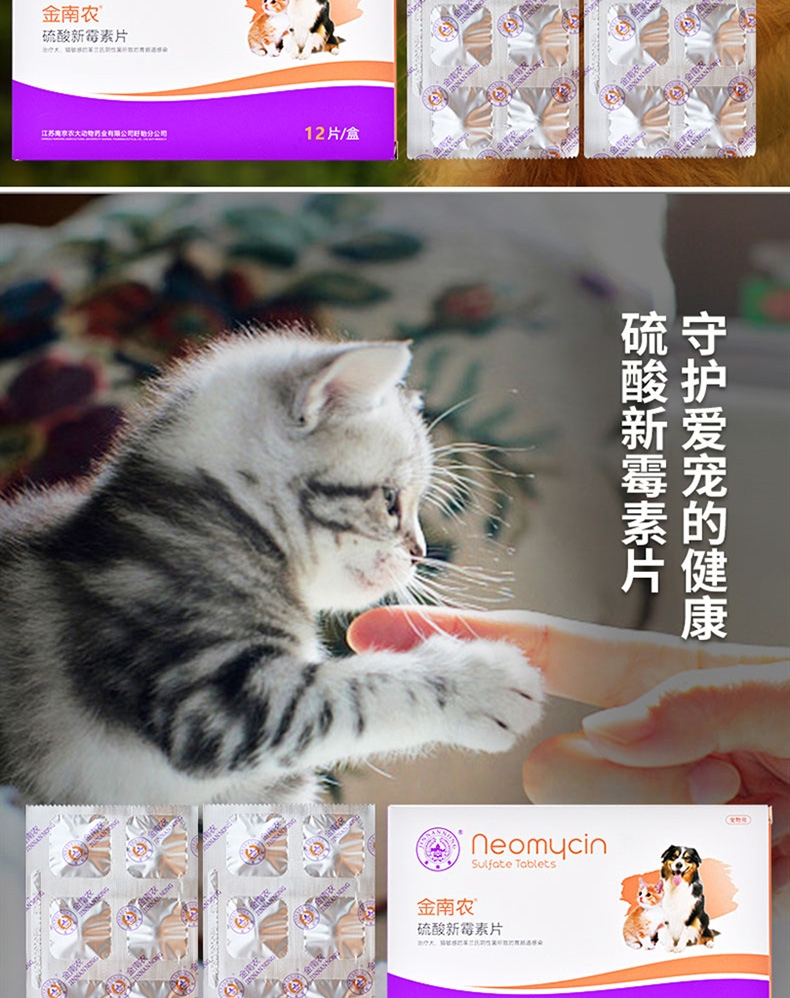金南农 硫酸新霉素片 12片/盒 修复肠道 急性腹泻腹痛 生肉细菌感染 犬猫通用