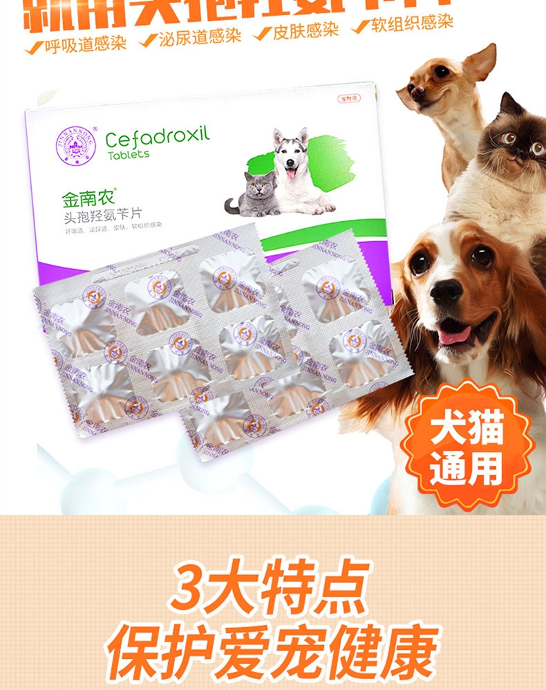金南农 犬猫通用 感染泌尿/眼部/口腔/感冒/皮肤感染/ 头孢羟氨苄片12片/盒 广谱抗菌