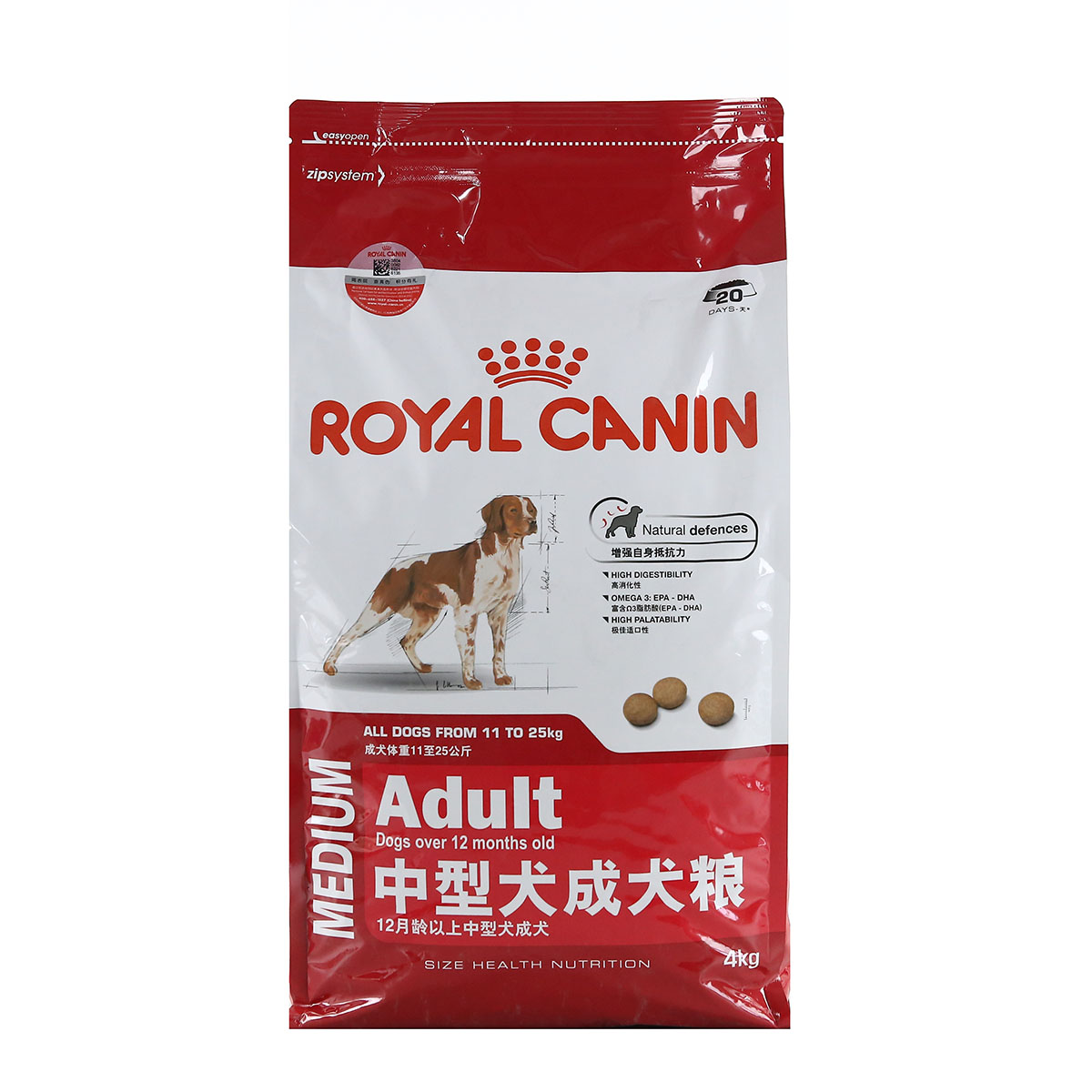 法国皇家royal canin 中型犬成犬粮专用狗粮16kg(4kg*4 m25