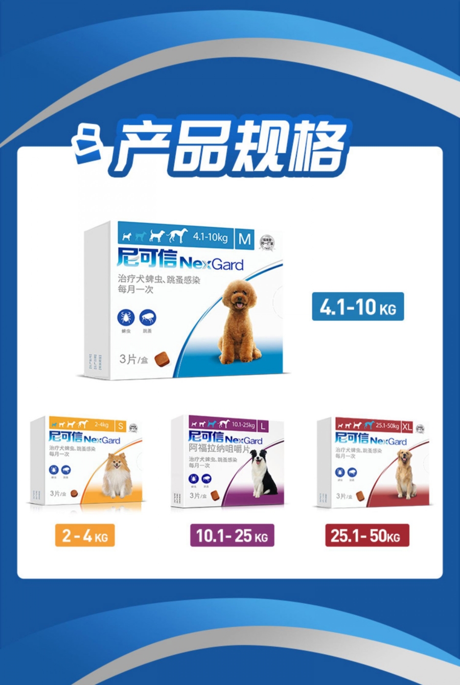 尼可信 犬用体外驱虫 口服驱虫药 适用 2-4KG犬 单粒/1个月剂量 法国进口