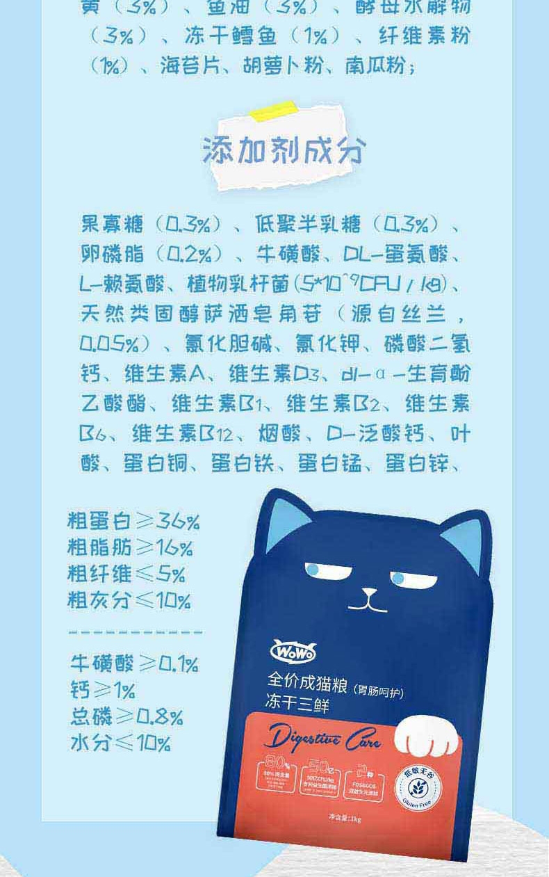 尹正推荐 WOWO冻干三鲜全价成猫粮 1kg*3（6斤）